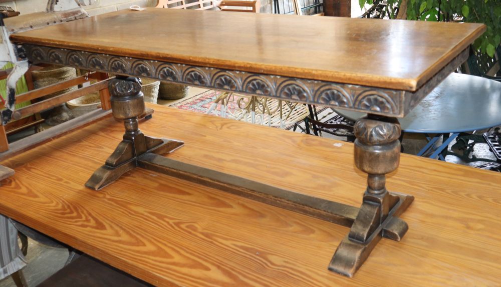 An 18th century style rectangular oak coffee table, W.132cm, D.56cm, H.54cm
